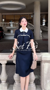 Set BEMINE áo cổ đức phối viền đính cúc chân váy chữ A-ST444