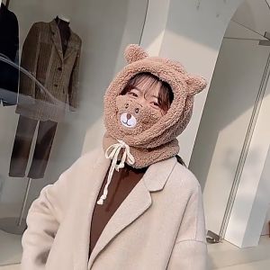 Set Topi Kupluksyal Leher/Topi Wanita Anti Angin/Aksen Telinga Beruang Masker Topi Teddy Bear