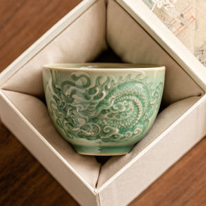 ShuangYu Embossed Lucky Dragon Pattern Tea Cup Yueyao Blue Porcelain Master Cup Gongfu Tea Set High End Single Ceramic Drinking Cup