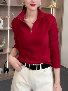 Fashionable Red Standing Collar Semi-Zip Versatile Leisure Women Sweatshirt