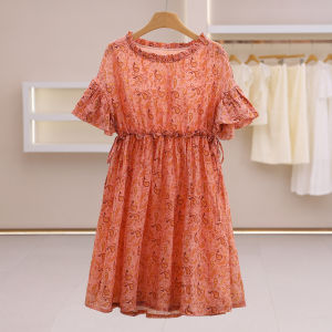 Light Maturity Flower Pattern Rope Waist Dress 100% Ramie Summer