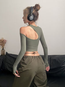 เซ็กซี่ ฟิตเนส เด็กผู้หญิง กลับกลวงออกเสื้อผ้าโยคะแขนยาววิ่ง รัดรูป การฝึกอบรม เสื้อท่อนบน พร้อมแผ่นรองหน้าอก ระบายอากาศได้ดี ชุดกีฬา