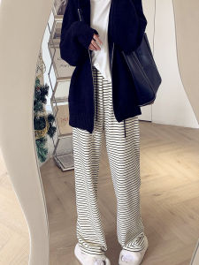 Quần Ống Rộng Kẻ Sọc Đen Trắng Cạp Cao Cho Nữ Mùa Xuân 2023 Quần Dài Đến Sàn Dáng Rộng Phong Cách Mới Có Túi