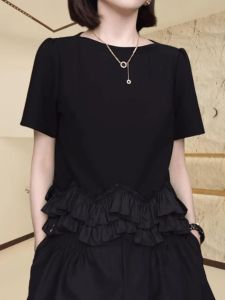 Design Sensation Black Loose Fit Short Sleeve T-Shirt Women Summer Fashionable Elegant Shirt Hem Trim Commute Style round Neck