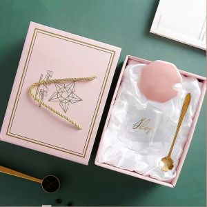 High Aesthetic Value Glass Tea Cup Heat Resistant Office Drinking Water Cup with Lid And Spoon Cute Ins Style Home Use Flower Tea Cup