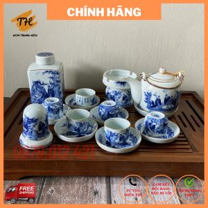 FREESHIP - Bộ ấm chén men lam Bát Tràng kẻ vàng kim tích Trúc Lâm Thất Hiền dáng Vại dung tích 400ml - Gốm Trung Hiếu