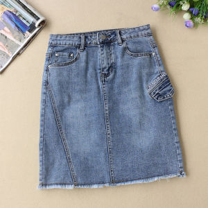 2022 New Womens Denim Mini Skirt Elastic Mid-Waist Korean Style All-Match Slit Hem Half-Length Bodycon Skirt Cotton Pure Color