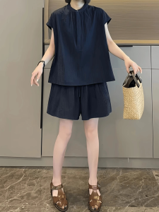 Shalldoer | Bộ đồ hai mảnh thời trang mùa hè cho nữ cổ tròn tay ngắn họa tiết sọc vải polyester quần short thường ngày