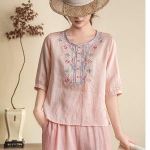 Lieoyuarn | Retro Embroidered Cotton Linen Blouse