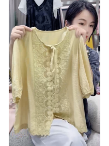 QINGNAER | French Lace Panelled Tie Sleeve Blouse Large Size