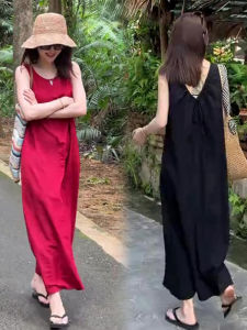 French Lazy Vacation Style Dress round Neck Sleeveless Backless Tie Pure Color Vest Dress Women Spring Summer New Arrival