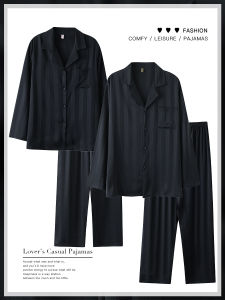 Couples Sleepwear Long Sleeve Thin Ice Silk Home Clothes Set for Spring Autumn And Summer Mens Black Large Size Home Suit