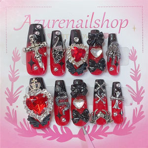 เล็บประดับเพชรสีแดงและสีดำ รูปหัวใจ แบบถอดได้ ทำมือ สำหรับใส่ได้ ผลิตจากจีนแผ่นดินใหญ่ ไม่มีผลข้างเคียง