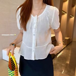 YINGDAI | Áo Sơ Mi Nữ Form Ôm Dots Tay Ngắn Cổ Tròn Chi Tiết Nơ Thắt Phù Hợp Với Người Bé Nhỏ