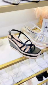 Giày cói sandal chéo 9cm HALEY STORE đen bạc đế xuồng nâu chéo khóa cài tiểu thư công chúa đi chơi đi làm du lịch biển