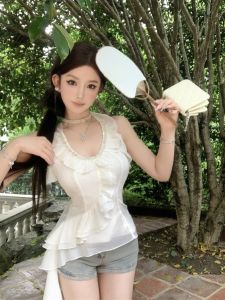 GUZILIAN | French Style Summer Top Womens Sleeveless Vest With Lace Trim Hanging Neck Sash Casual Pure Romantic Holiday Fashion