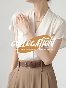 Women V Neck Short Sleeve Blouse Loose Fit Korean Style Casual Top