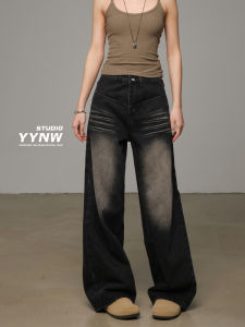 American Retro Wide Leg Denim Jeans Womens Loose Fit High Waist Cotton Spring Autumn Winter Long Pants Cat Washed