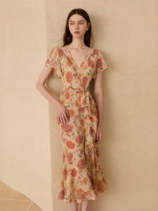 D-PLAY | Tea Time French Style V-Neck Waist-Cinching Ruffled Hem Slim Fit Summer Dress