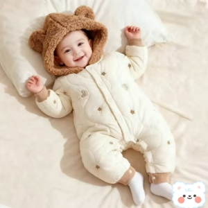 Áo liền quần cho trẻ sơ sinh mùa đông chất liệu lông mềm tay dài giữ ấm. Thoáng khí an toàn cho sức khỏe.