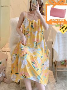 Váy ngủ hai dây đầm ngủ mặc nhà freesize vải cotton lanh lụa tự nhiên thoáng mát nhiều màu mã VAV0275