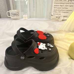 รองเท้าแตะส้นหนาสำหรับผู้หญิง KT Cat สไตล์ใหม่ฤดูร้อน 2024 รองเท้าแตะแบบสวมสองทาง รองเท้าแตะแบบสวมส้นแบน พื้นรองเท้า EVA สวมใส่สบาย