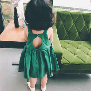 Summer New Pure Color Girls Dress Sleeveless Heart Back Exposed Vest Style Cotton Fabric Childrens Clothing Baby Girl Skirt