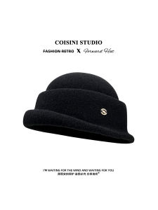 Elegant Black Womens Winter Hat with Curl Edge Large Head Size Fisherman Style Warm Wool Blend Cap Stylish Face Slimming