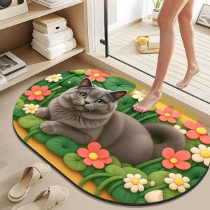 VIKAMA Oval Bathroom Mat 3D Blue Cat Flower Anti Slip Absorbent Mat Bathroom Home Decoration