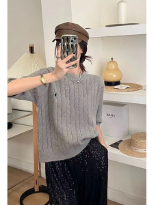 Áo Len Dệt Kim Thêu Cổ Tròn Tay Ngắn Mùa Hè Thời Trang Mới Về Phong Cách Công Sở Chất Liệu Sợi Dệt Kim Màu Trơn