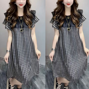 Summer 2025 Fashion Plaid Short Sleeve Dress Loose Casual Splicing Pleated High Waist A-Line Skirt Korean Style Polyester Fabric