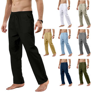 Mens Cotton Linen Pants Loose Breathable Casual Solid Color Long Pants Large Size Streetwear Fitness Lightweight Yoga Trousers
