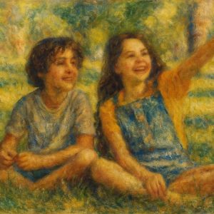 Tranh Nghệ thuật "Hai Đứa Trẻ Đang Ngồi Trên Bãi Cỏ" VIETSMART ART - Acrylic 45 x 60cm