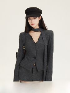 Buleng Womens Suit Jacket with Waist Cinch Elegant Tie Fashionable Long Sleeve V Neck Button Style Autumn Wear for Teens