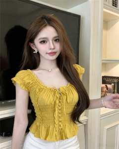 GUZILIAN | Áo Thun Crop Off-shoulder Hoa Ruffle