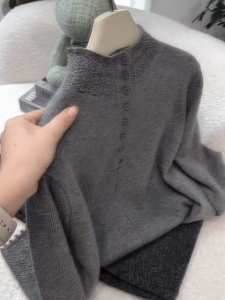 YUFUQING | Half-High Collar Crochet Button Long Sleeve Sweater