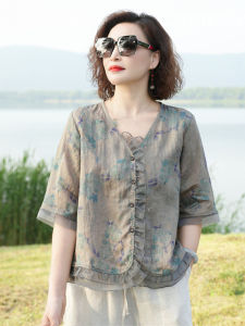 Áo Sơ Mi Vải Lanh Cotton Cổ Chữ V Dáng Rộng in Họa Tiết Phong Cách Trung Hoa Mới Mùa Hè Tay Ngắn Cỡ Lớn Cho Nữ