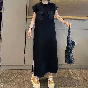 Váy Dài Thẳng Cạp Rộng Mùa Hè 2025 Cho Nữ Cỡ Lớn Màu Đen Có Chi Tiết Cắt Xẻ Tà Phong Cách Hàn Quốc Váy Công Sở