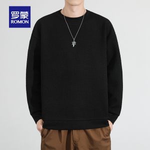 ROMON | Lomond Mens Fleece-lined Hoodie Round Neck Long Sleeve T-shirt Pure Color Inner Wear Base Shirt Spring Autumn Fashion Casual