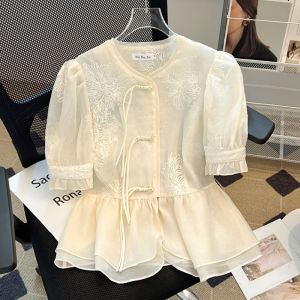 Big Sale Leak-Picking ~ Summer New Chinese Style National Style Buckle Chiffon Shirt for Women Embroider Ruffles Puff Short Sleeve Tops