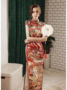 Young Womens Long Cheongsam Gown Shanghai Style Retro Fashion High Slit Short Sleeve Floral Patterned Daily Wear Online Exclusive