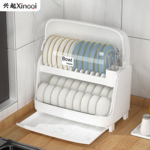 Double Layer Kitchen Cabinet Plastic Storage Box with Lid for Bowl Spoon Plate Dish Draining Rack Utensil Organizer Modern Simple Style