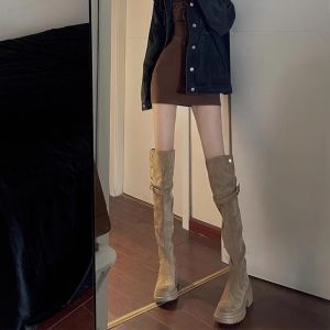 Over-Knee Velvet Long Boots Women Thick Heel 8cm Autumn Winter New Style Merald Two-Way Fold High-Tube Boots Fashionable Rain Boots