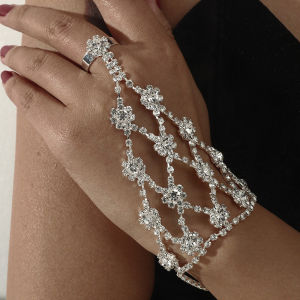 Fashionable Exquisite Linked Finger Bracelet Luxury Sparkling Full Diamond Open Ring Integrated Cross-Border Popular Jewelry