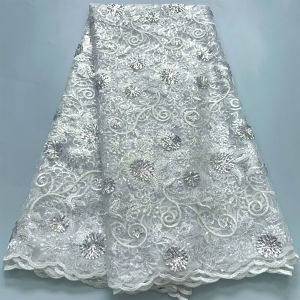 French Mesh Lace Fabric With Sequins 2024 Newest Color African Nigeria Tulle Lace Fabric for Women Wedding Dresses Sewing A3846