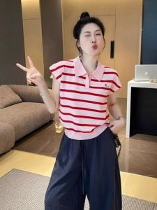 HUOLISI | Striped V-Neck Short Sleeve T-Shirt Summer Flutter Sleeve Top