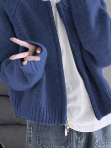 สีน้ําเงิน เสื้อสเวตเตอร์ถัก เสื้อโค้ท ผู้หญิง นุ่ม Retro National Brand ฤดูใบไม้ร่วง แจ๊กเก็ต ซิป เสื้อท่อนบน เดินทาง เสื้อสเว็ตเชิ้ต คอกลมแขนยาว