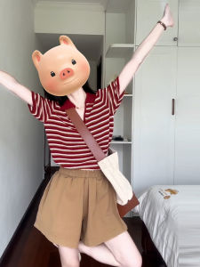 Red Stripe Knitted Short Sleeve T-Shirt Womens Summer New American Spicy Girl Unique Exquisite Top Cute Style Loose Fit