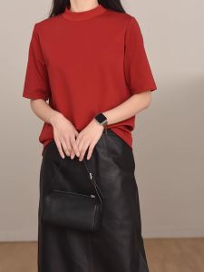 Red Pure Cotton T-Shirt Half High Collar Short Sleeve mid Sleeve Long Sleeve Spring Summer Series Fish Baby Straight Cut Basic Knitted Top