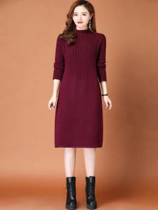 ชุดเดรสถักผ้าขนสัตว์คุณภาพสูงสำหรับผู้หญิง ฤดูใบไม้ร่วง/ฤดูหนาว กระโปรงทรงเอ แขนยาว ปกติ ปกติ ปกติ ปกติ ปกติ